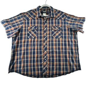 Wrangler Pearl Snap Western Shirt Mens 3X Blue Orange Plaid Short Sleeve Rodeo